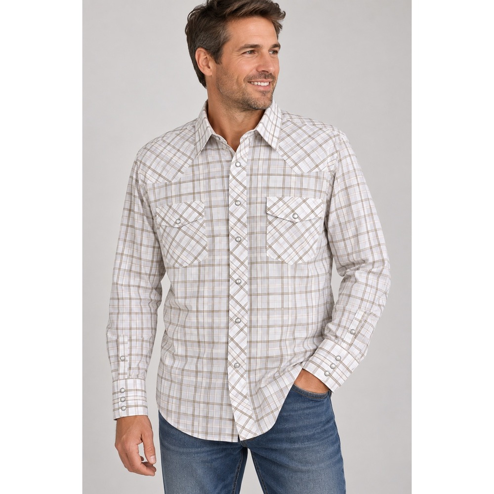 Roper Mens Plaid Western Snap Shirt White Tan Pearl Snap Long Sleeve M NEW